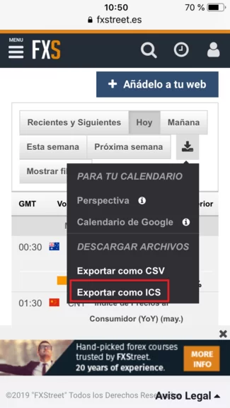 Exportar ICS FXStreet iPhone