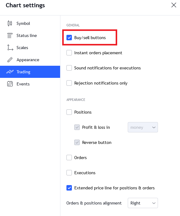Trading Settings en TradingView