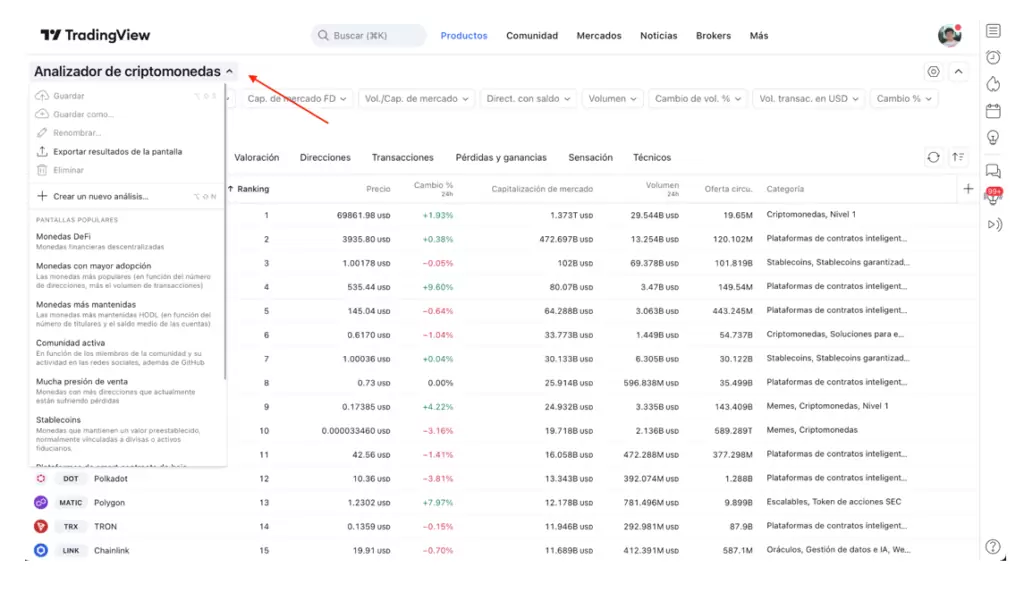 Filtros Analizador Criptomonedas TradingView